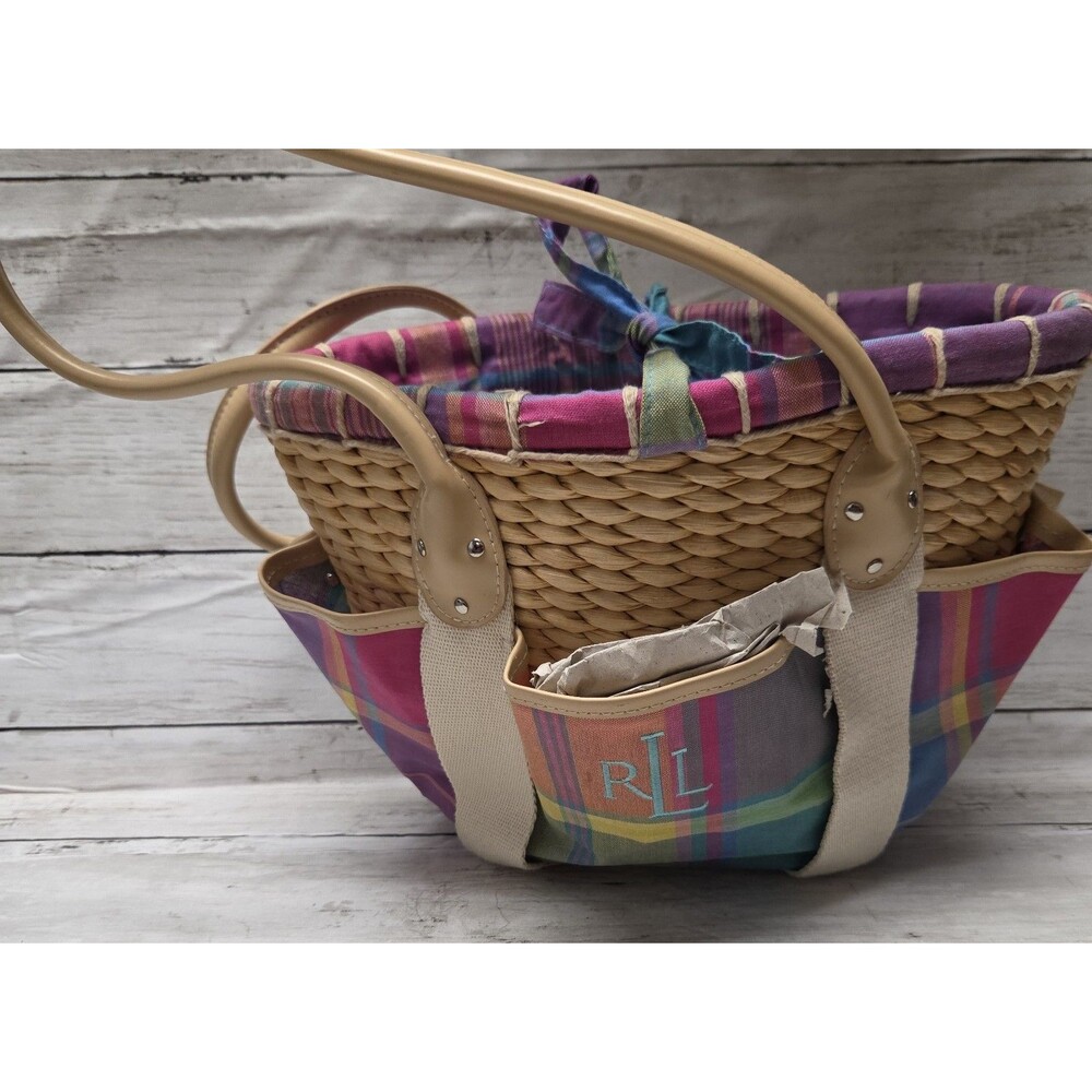 Lauren Ralph Lauren Woven Straw Basket Tote Bag PlaidMulticolor Canvas Beach Bag - Picture 2 of 12
